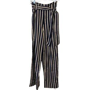 7 For All Mankind Wide Leg High Rise Navy & Gold Striped Paperbag Pants Med NWT
